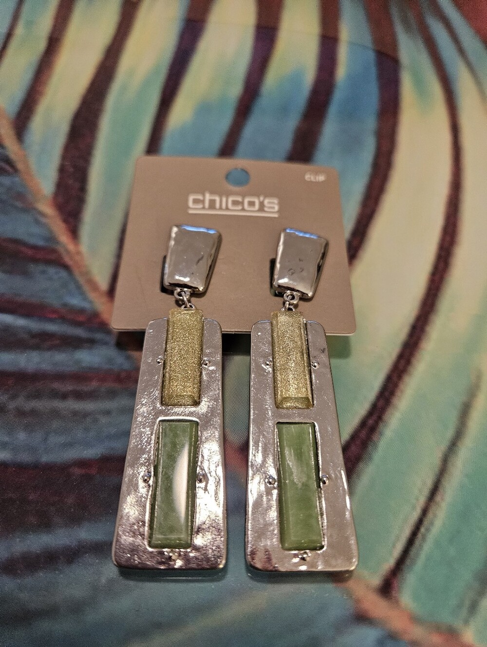 NWT Vintage Chico's Silver Metal With Goold And Sage Green Stones Clup On Dangle